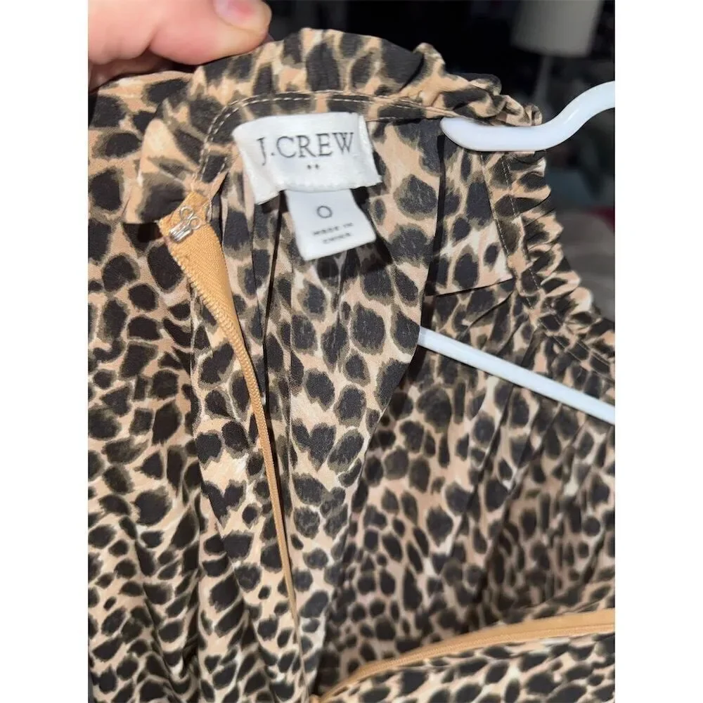 J.‎ Crew Women's Leopard Print Ruffle Neck Midi Dress Size 0 Brown